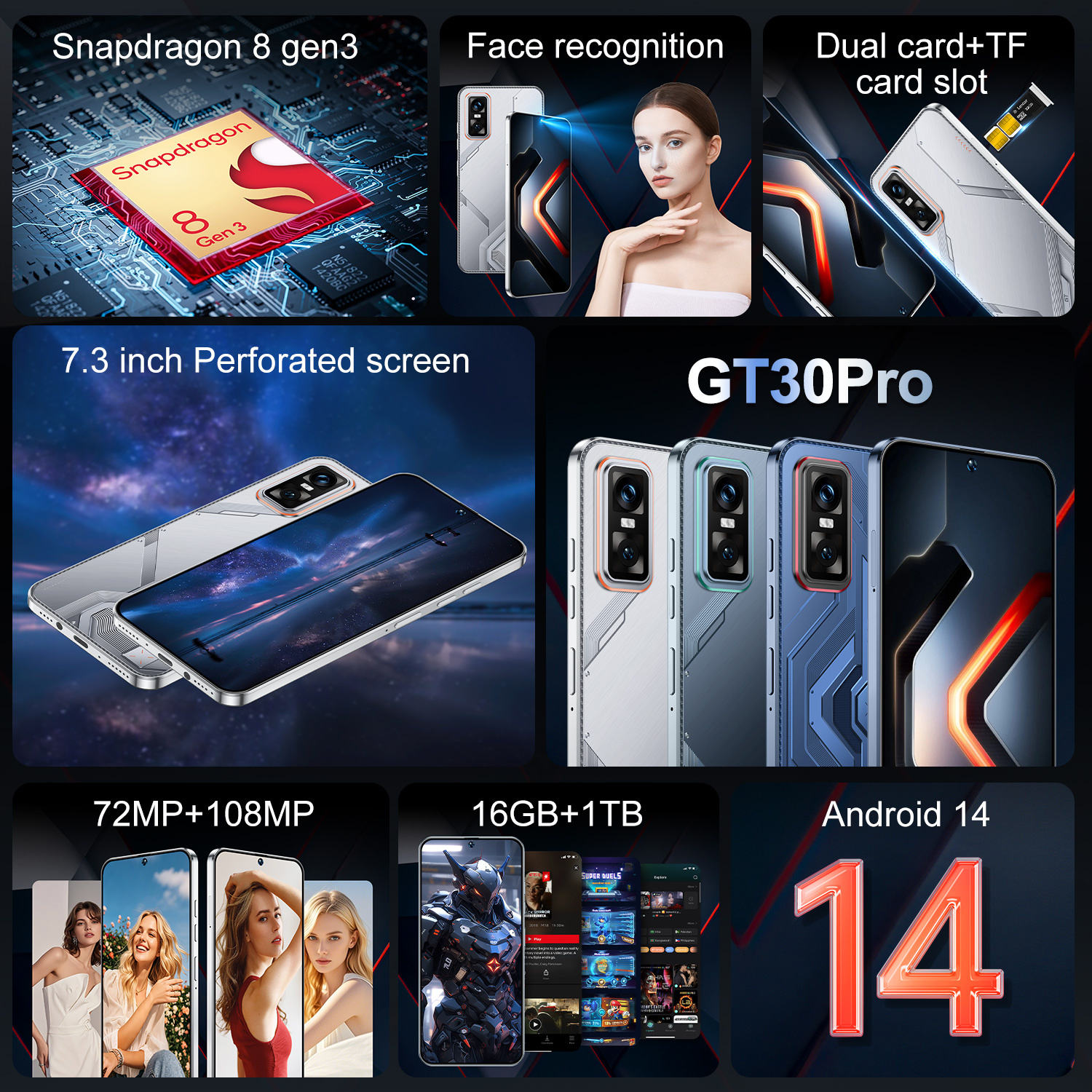 Original GT30 PRO 5G Smartphone 7.3 Inch HD Screen Dual SIM 16GB ROM Used Condition Dual Cell Mobile